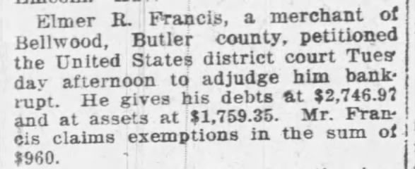 Elmer R Francis files for bankruptcy.